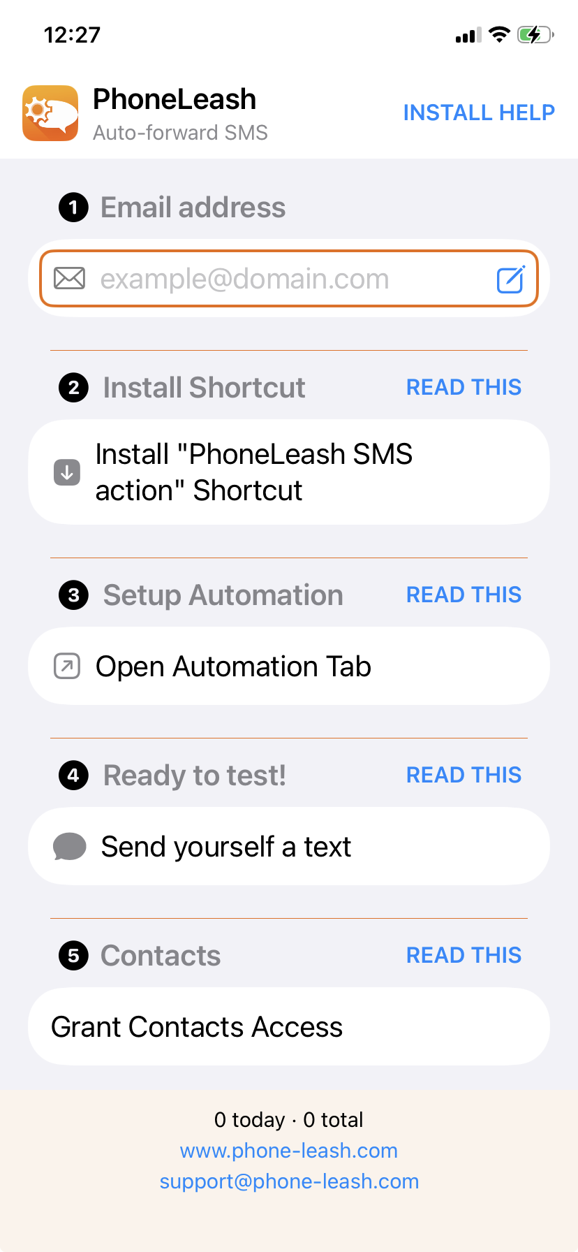 PhoneLeash app home with 5-step checklist