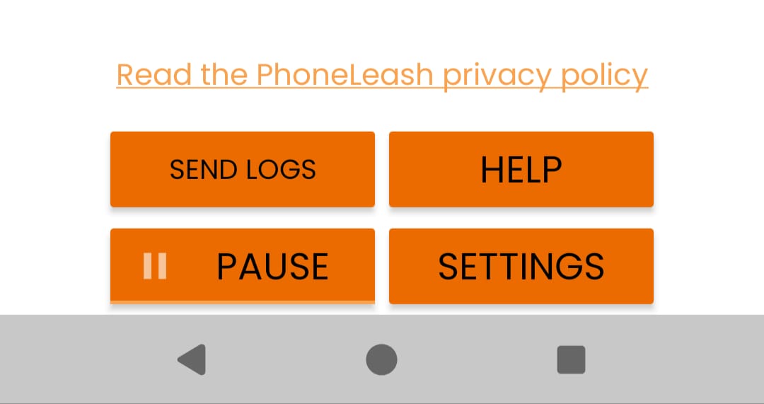 PhoneLeash main screen showing the SEND LOGS button in the top-left, next to HELP, above PAUSE and SETTINGS